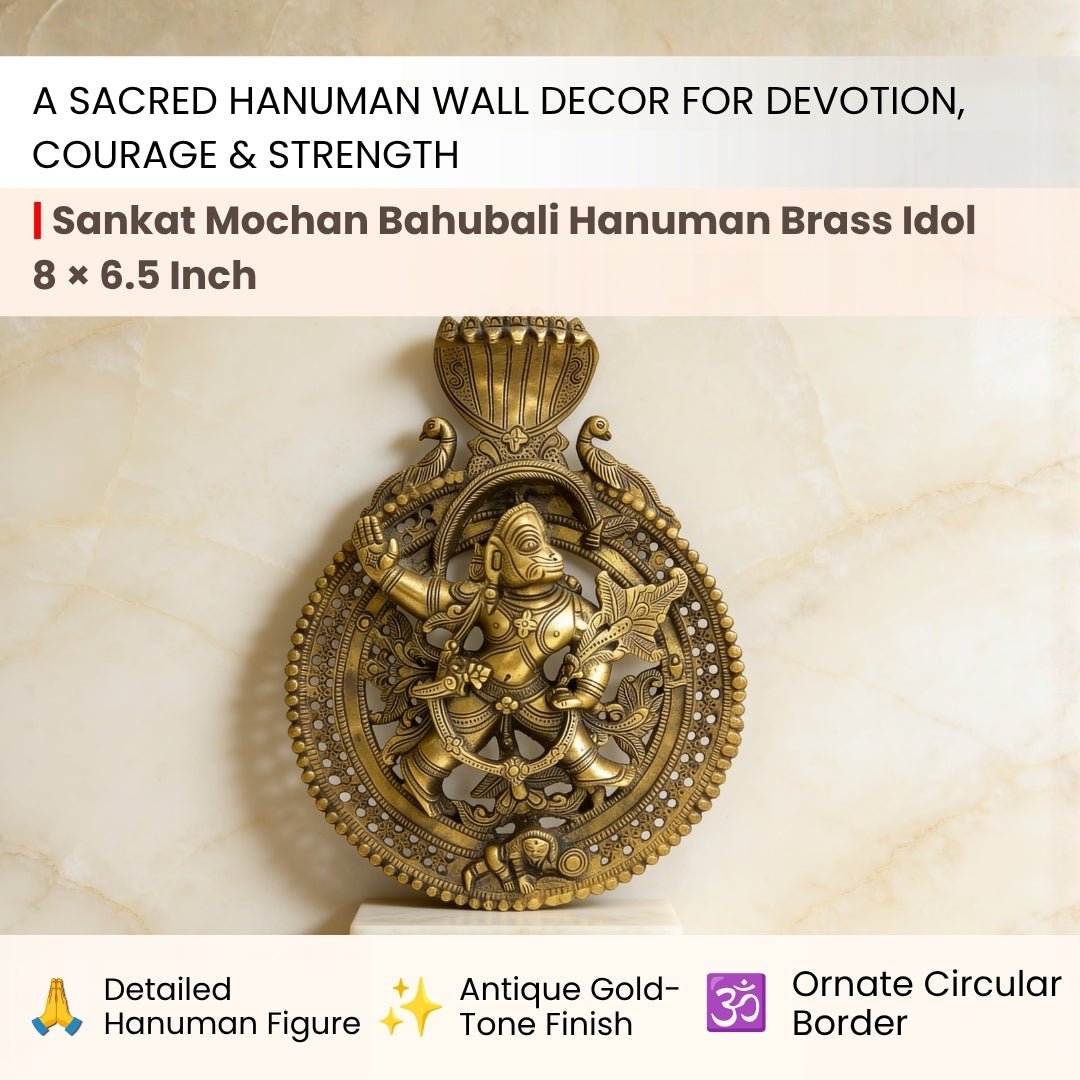 Intricate craftsmanship on Lord Hanuman's facial features, heroic expression, and ornate carved mukut crown in solid brass