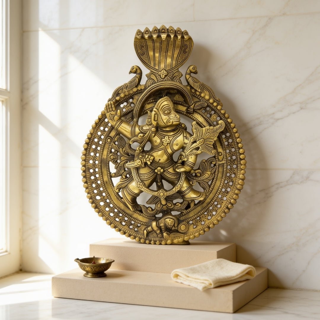 Large Sankat Mochan Bahubali Hanuman brass idol standing powerfully with gada and Sanjeevani parvat