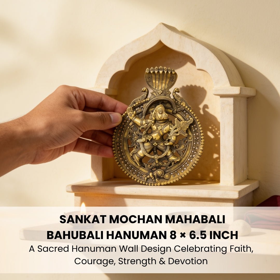 Substantial 8-by-6.5-inch solid brass Hanuman murti held in both hands showing solid cast weight and temple size