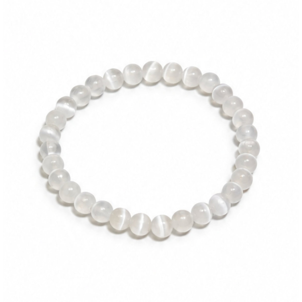 Natural white Selenite 6 mm round bead stretch bracelet with silky fibrous satin spar chatoyancy
