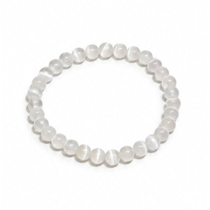 Natural white Selenite 6 mm round bead stretch bracelet with silky fibrous satin spar chatoyancy