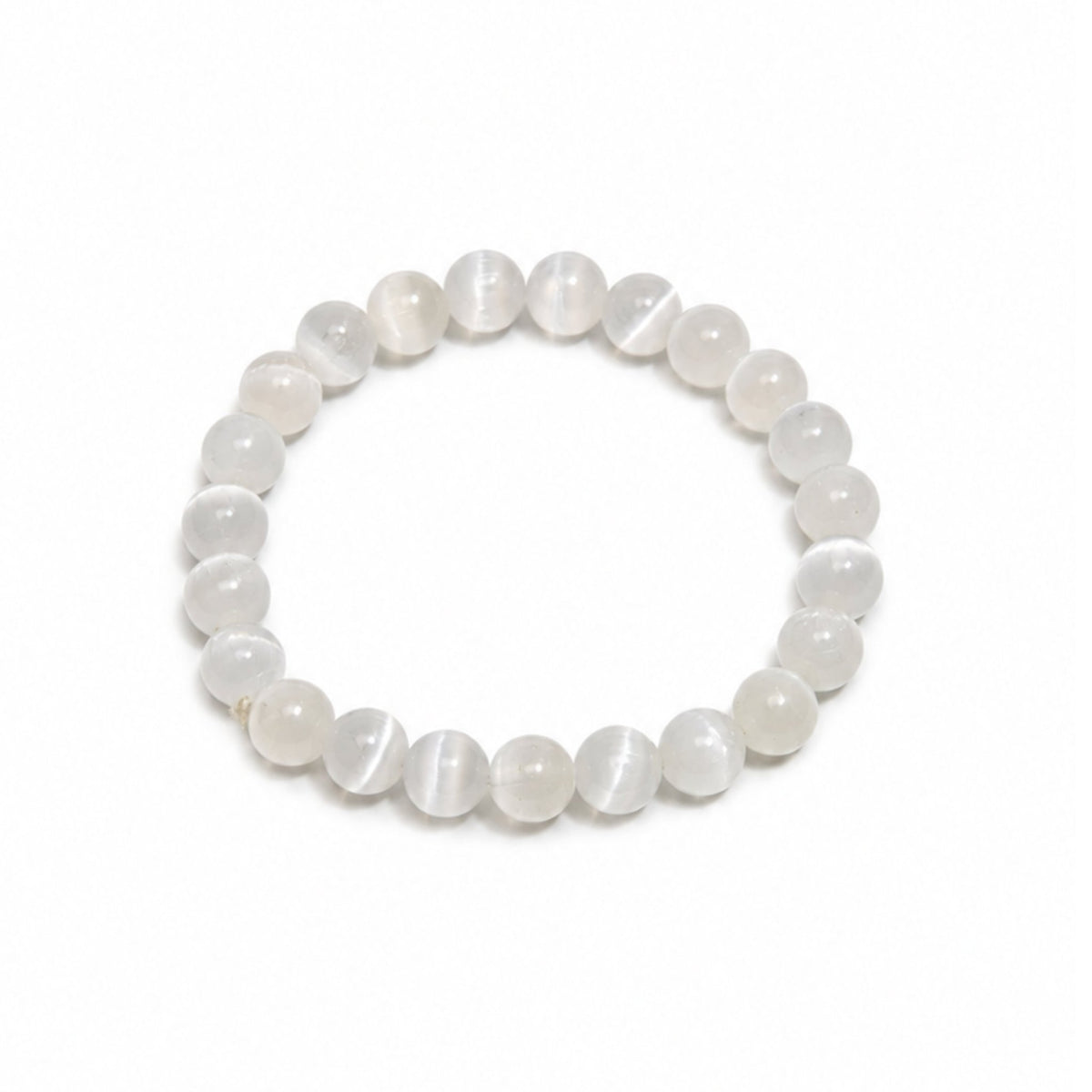 Natural white Selenite 8 mm round bead stretch bracelet featuring silky fibrous satin spar chatoyancy