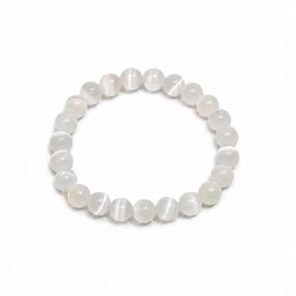 Natural white Selenite 8 mm round bead stretch bracelet featuring silky fibrous satin spar chatoyancy