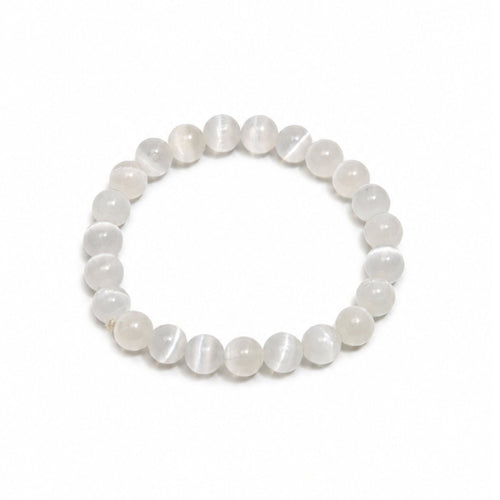 Natural white Selenite 8 mm round bead stretch bracelet featuring silky fibrous satin spar chatoyancy