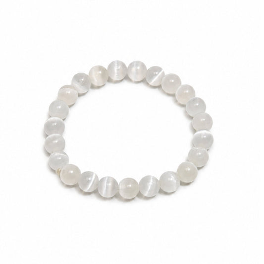 Natural white Selenite 8 mm round bead stretch bracelet featuring silky fibrous satin spar chatoyancy