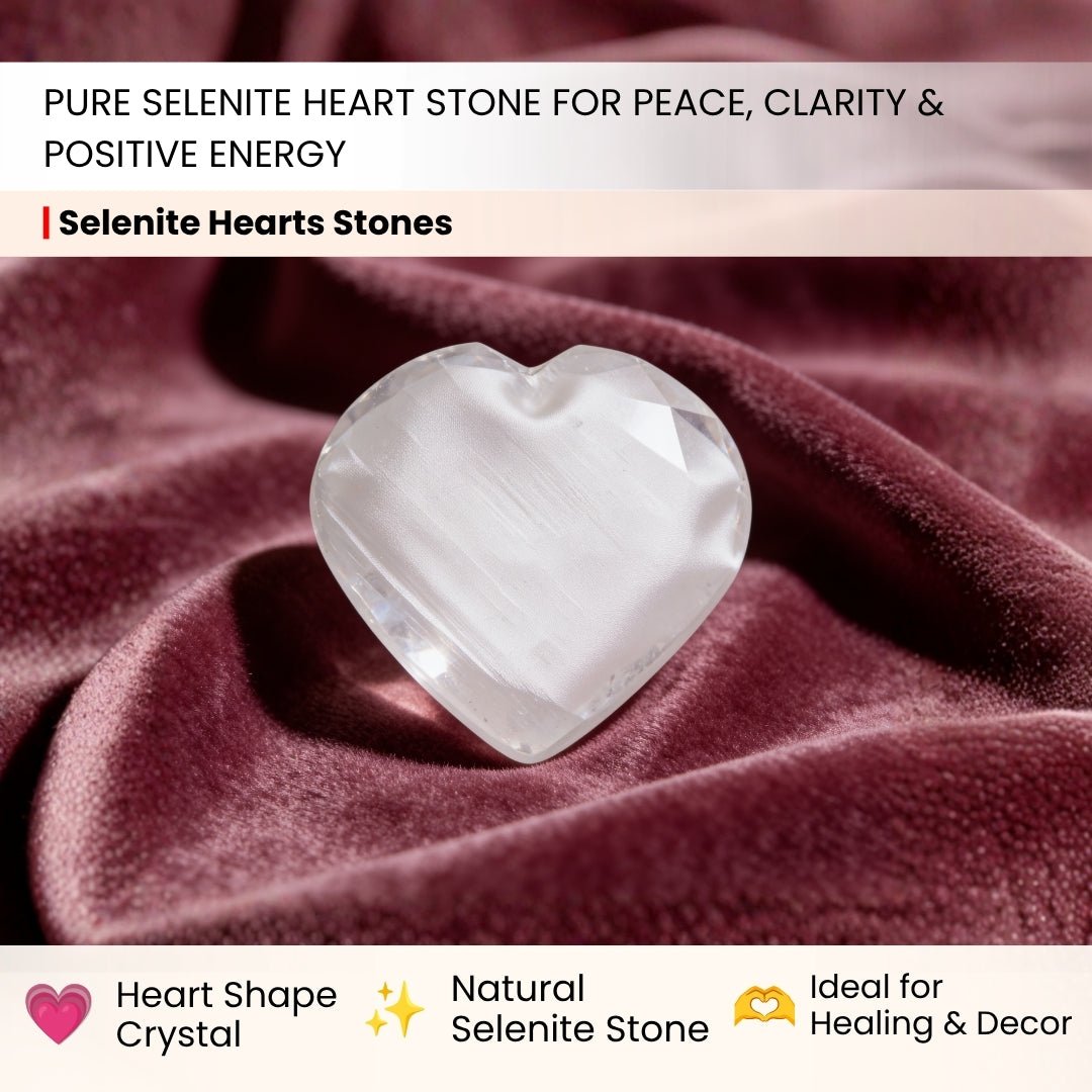 close-up of the carved heart shape and smooth selenite surface