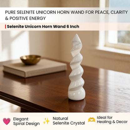 close-up of carved spiral ridges on the selenite unicorn horn wand