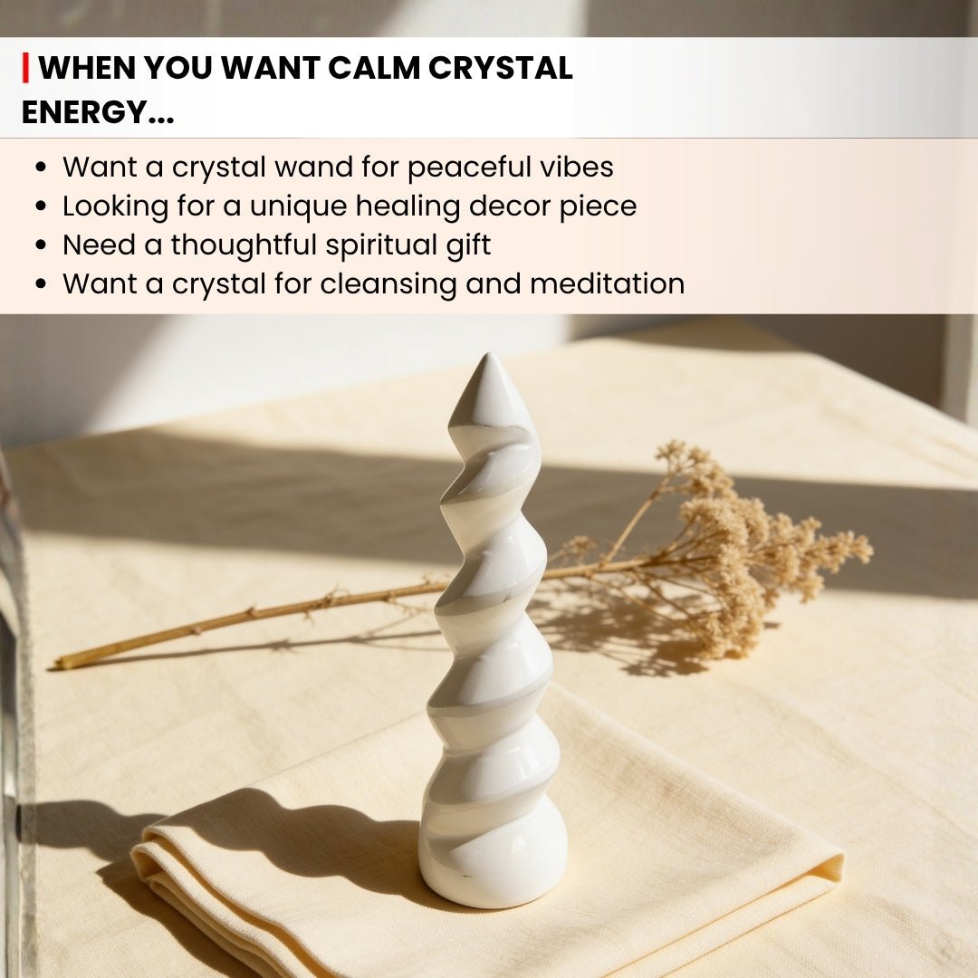 pointed tip and tapered profile of the 6 inch selenite wand