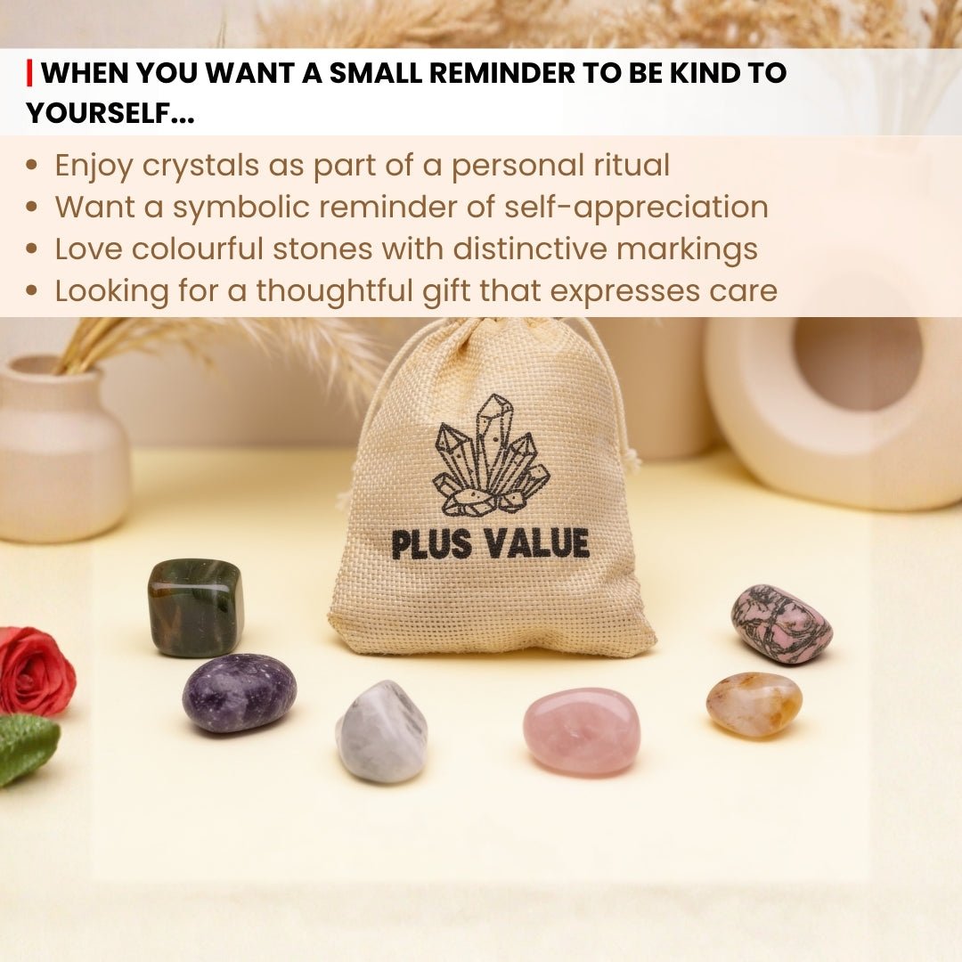 Scale measurement graphic showing 15 mm to 25 mm smooth tumbled stones included in self-love crystal kit