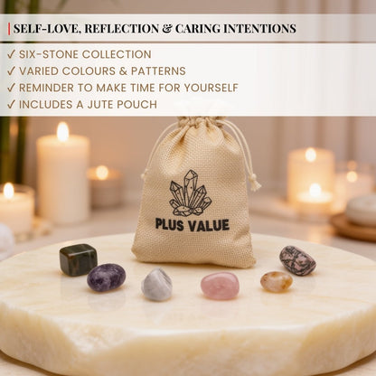 Soft compact fabric drawstring pouch designed to safely carry Heart Chakra tumbled stones in a purse or pocket