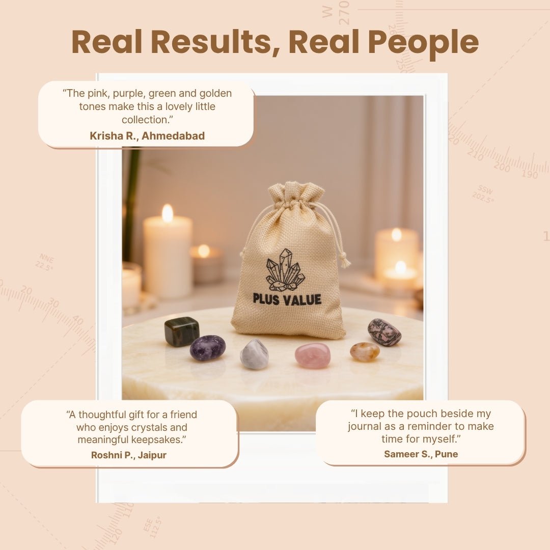 Self-Love pocket crystal bag displayed beside printed self-acceptance affirmation guide card in gift-ready packaging