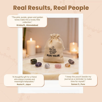 Self-Love pocket crystal bag displayed beside printed self-acceptance affirmation guide card in gift-ready packaging