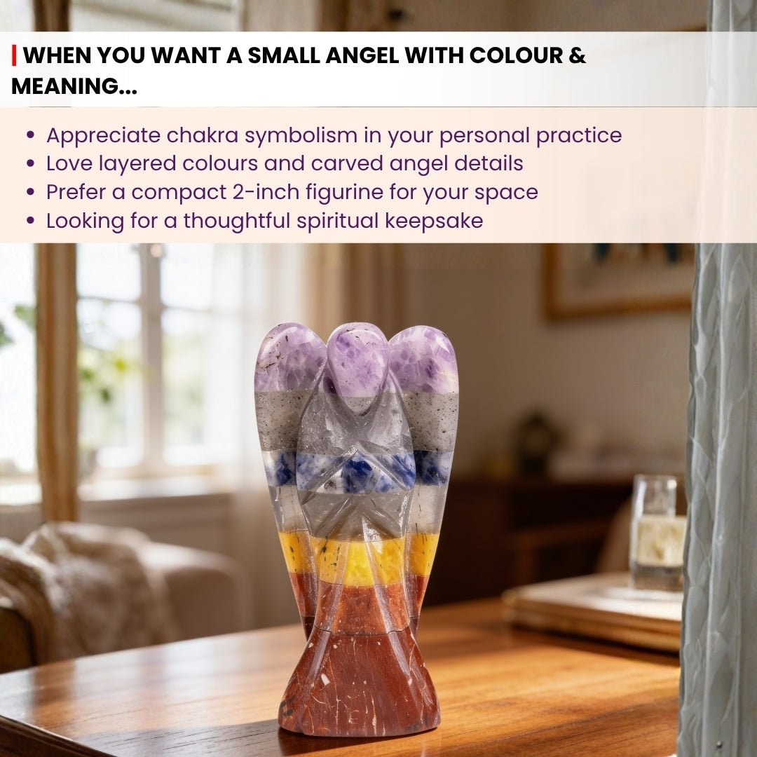 Smooth hand-polished wings, serene prayer posture, and seamless gemstone layering of 2-inch chakra angel statue