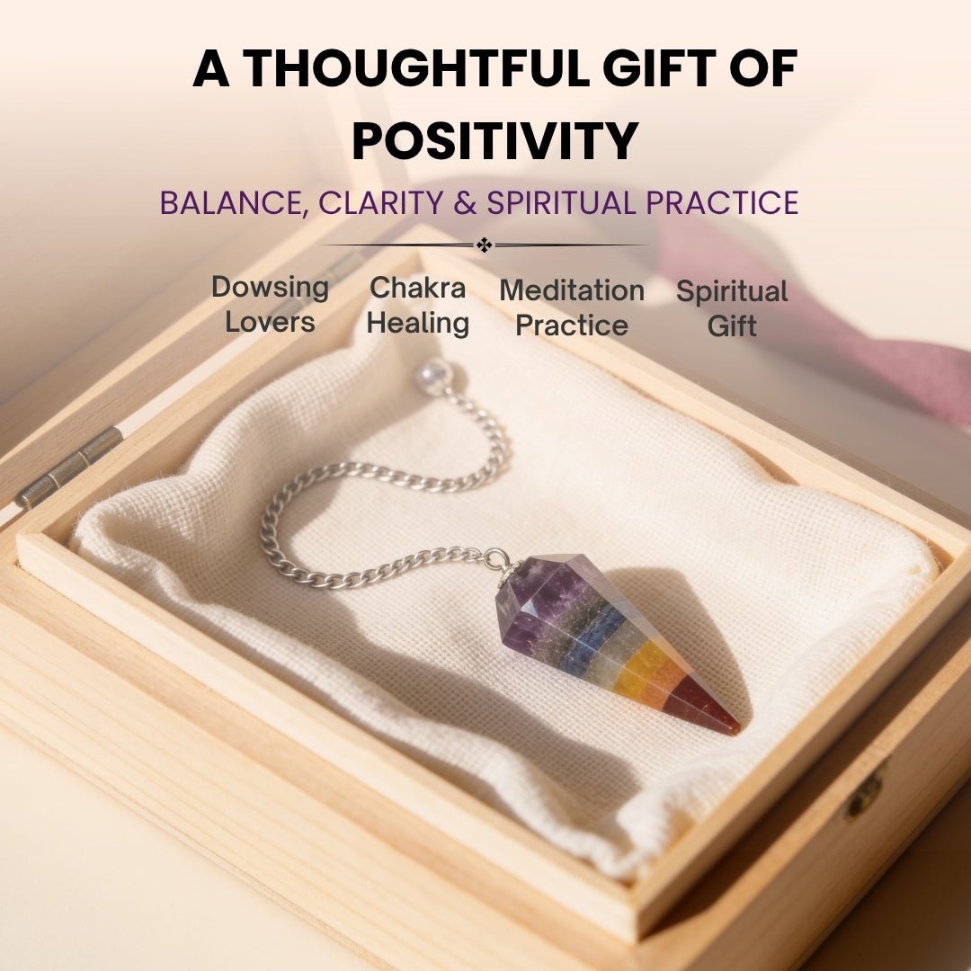 seven chakra pendulum with four dowsing charts and jute bag