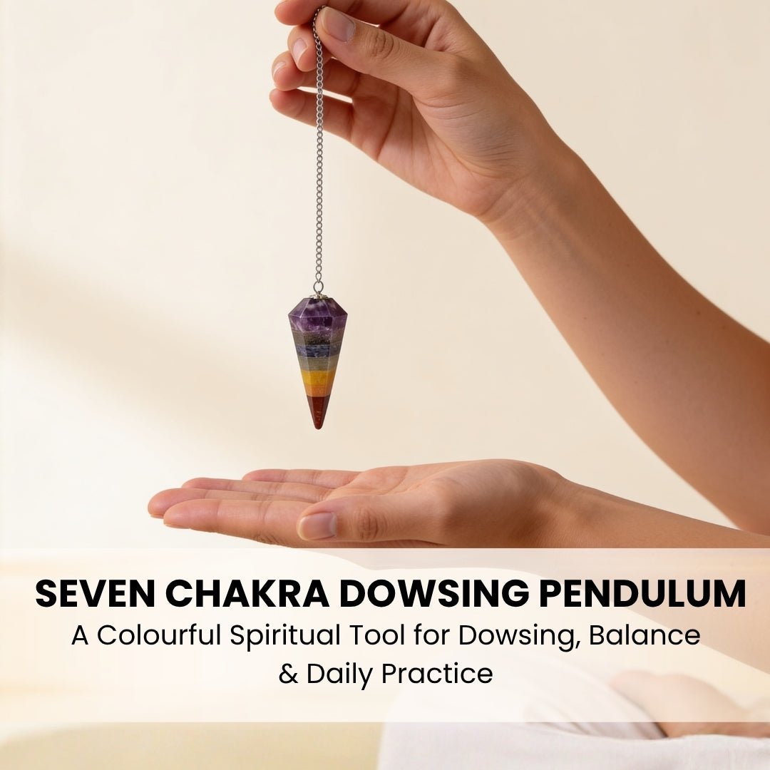 seven chakra dowsing pendulum held by its chain for scale