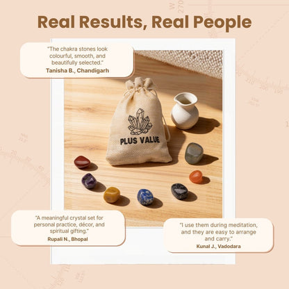 seven natural chakra crystals arranged beside their jute bag
