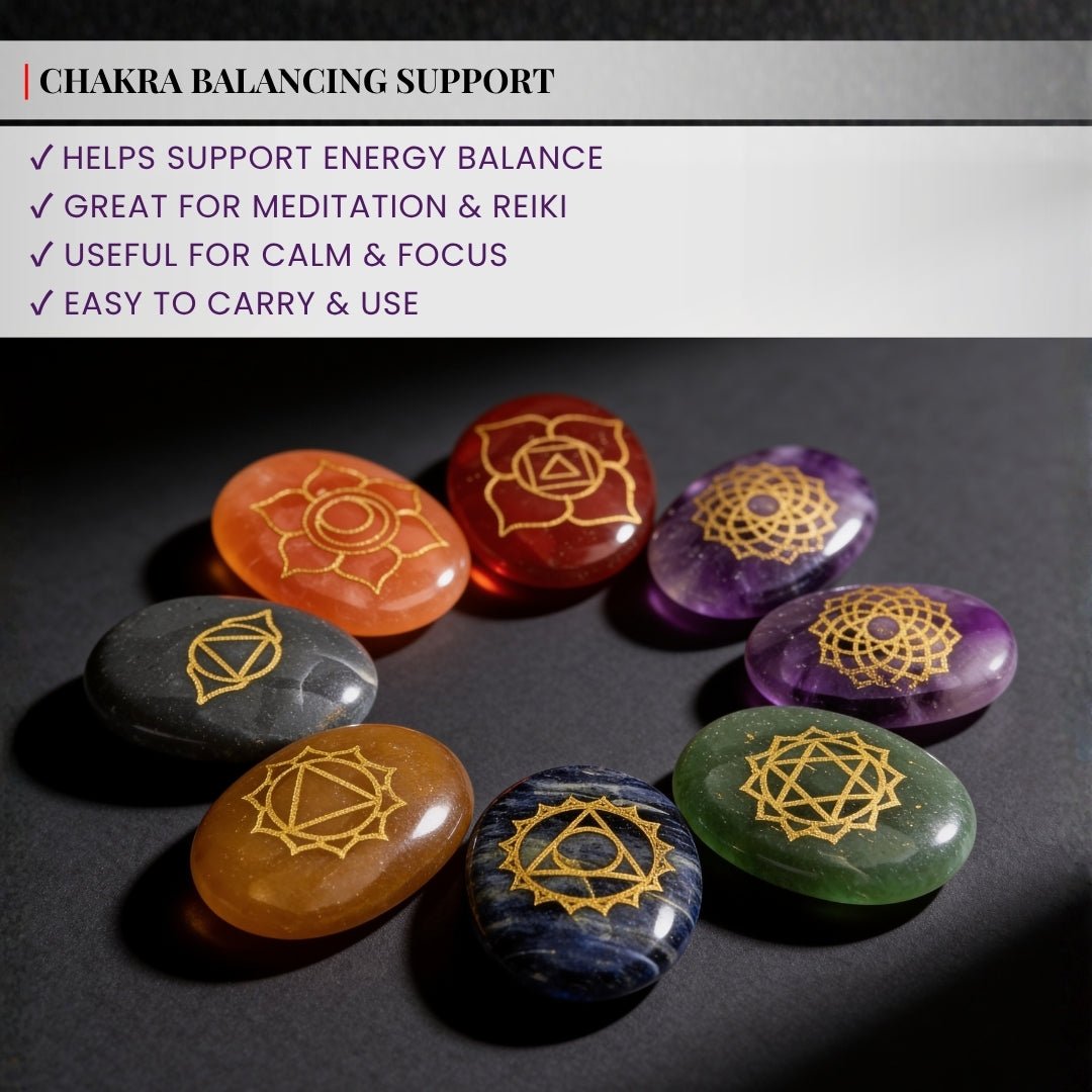 seven heart-shaped chakra stones arranged together as a complete set