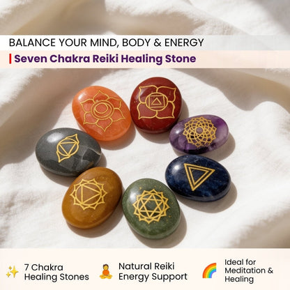 polished heart-shaped stones representing the seven chakras