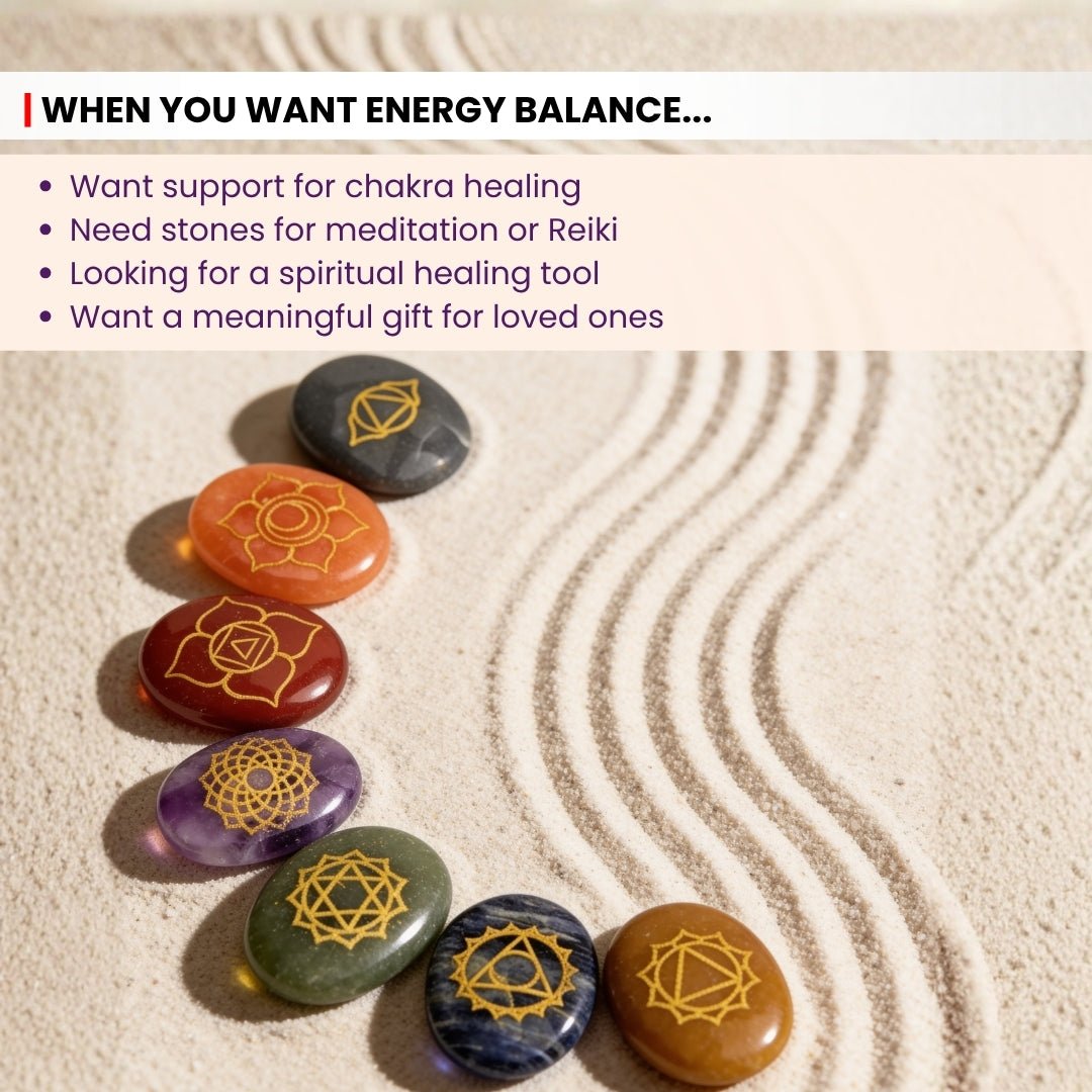 seven chakra healing stone set displayed with the included Reiki symbol