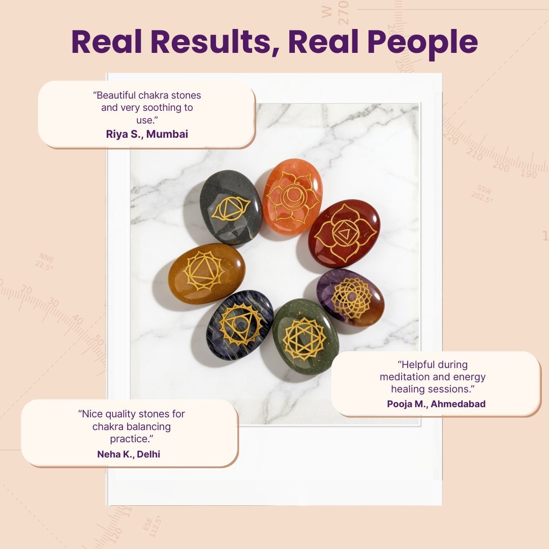 seven chakra Reiki stone set displayed in a meditation space
