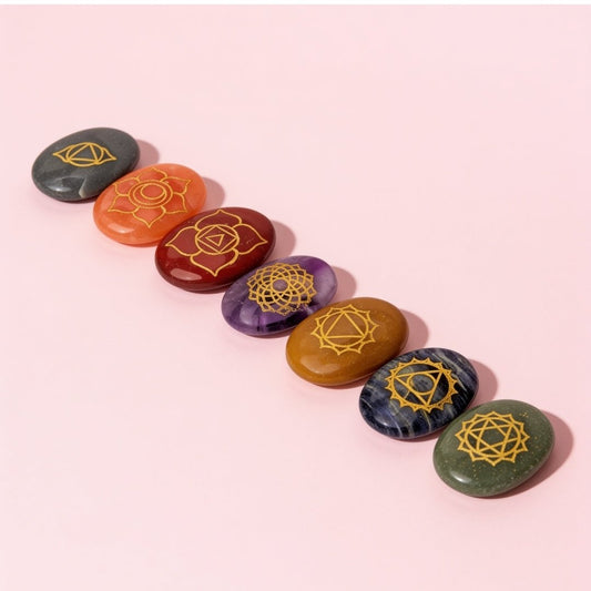 seven chakra reiki healing stone set with seven heart-shaped crystals