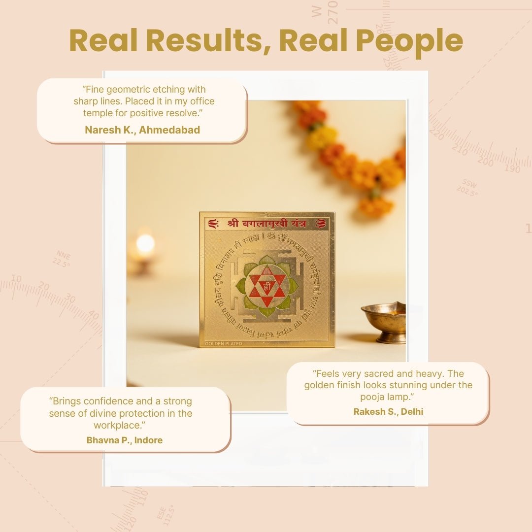 Gold-polished Shree Baglamukhi Yantra nestled inside a protective velvet casing in an elegant presentation gift box with mantra chanting card