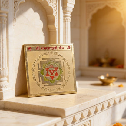 Sacred Shree Baglamukhi Yantra etched on pure copper gold-polished plate for protection, victory over enemies, and legal success