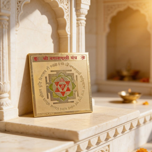 Sacred Shree Baglamukhi Yantra etched on pure copper gold-polished plate for protection, victory over enemies, and legal success