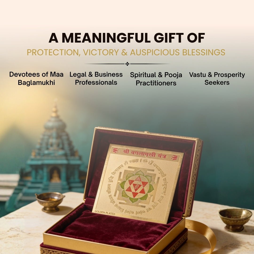 Sacred Shree Baglamukhi Yantra resting in open palm demonstrating compact devotional size, metallic heft, and lustrous golden polish