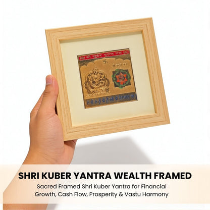 Shree Kuber Yantra placed inside an office cash drawer and home mandir beside gold coins, currency notes, and a glowing brass diya