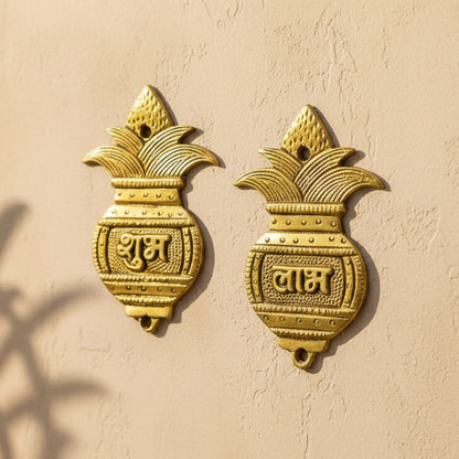 Shubh Labh Kalash Door Hangings (Pair) are Handcrafted in Pure Brass (Pital) with an Elegant Antique - Gold Finish. - plusvalueindia