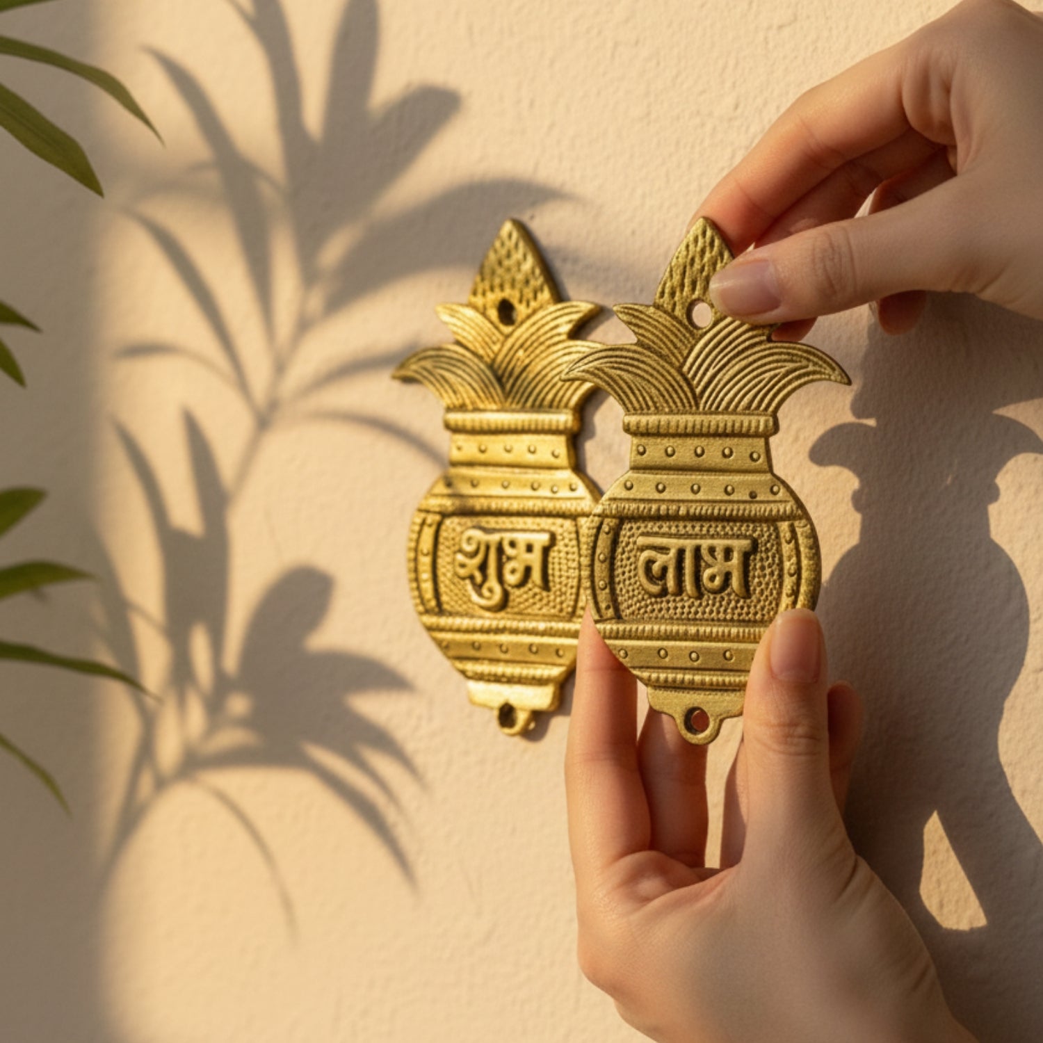 Shubh Labh Kalash Door Hangings (Pair) are Handcrafted in Pure Brass (Pital) with an Elegant Antique - Gold Finish. - plusvalueindia