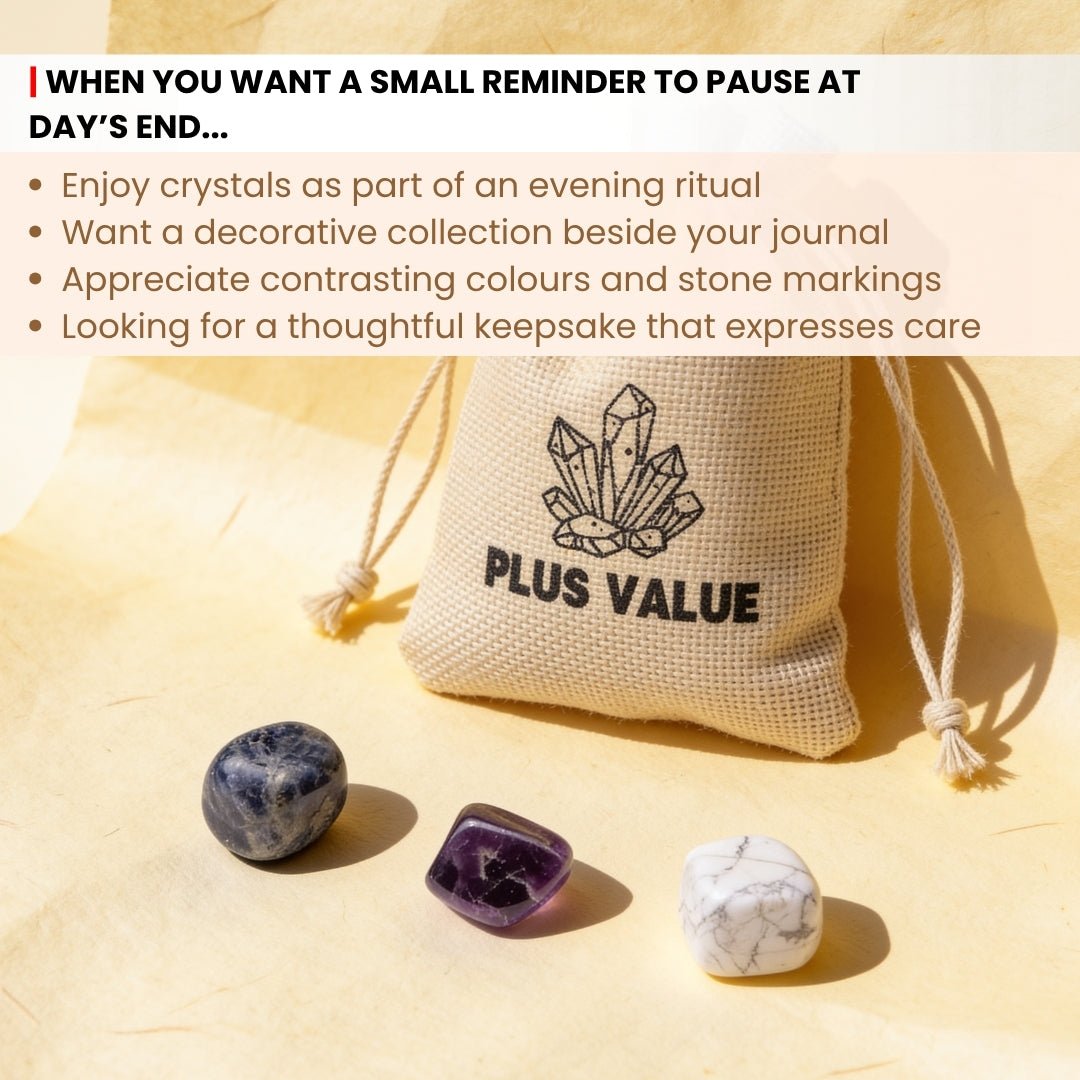 Scale measurement graphic showing 15 mm to 25 mm smooth tumbled stones included in sleep support crystal kit