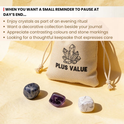 Scale measurement graphic showing 15 mm to 25 mm smooth tumbled stones included in sleep support crystal kit