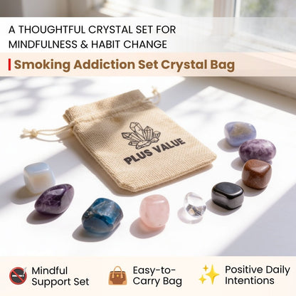 nine crystals arranged beside the eco-friendly jute storage bag