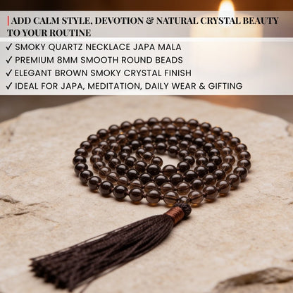 Smokey Smoky Quartz Necklace Japamala 108 + 1 Bead (Knotted) - plusvalueindia