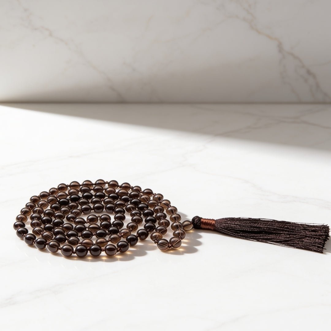Smokey Smoky Quartz Necklace Japamala 108 + 1 Bead (Knotted) - plusvalueindia