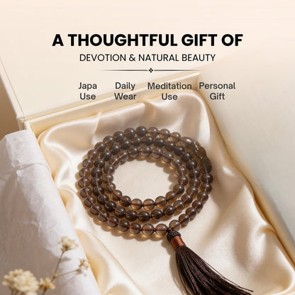 Smokey Smoky Quartz Necklace Japamala 108 + 1 Bead (Knotted) - plusvalueindia