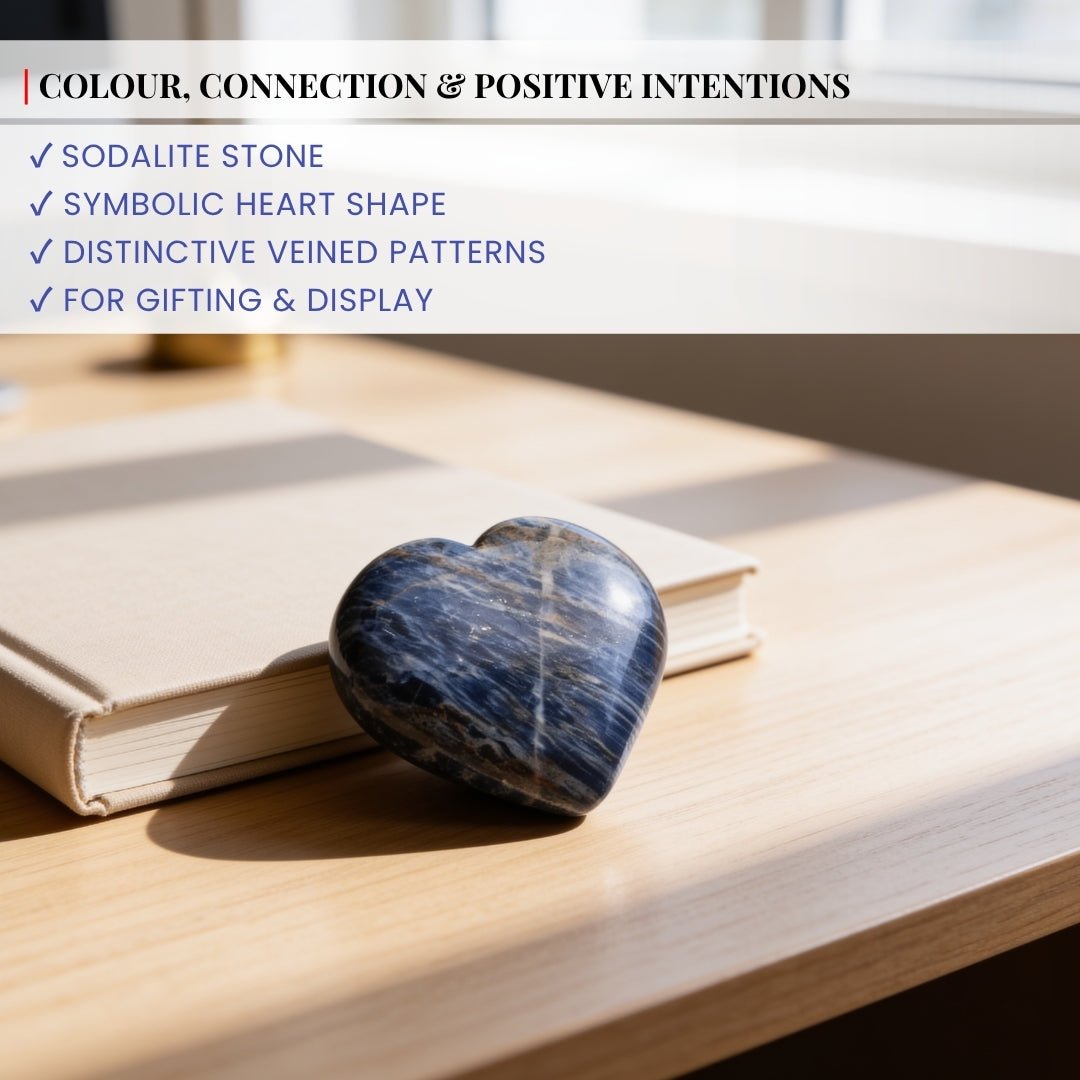 Scale measurement graphic indicating height, width, and thickness of Sodalite heart palm stone