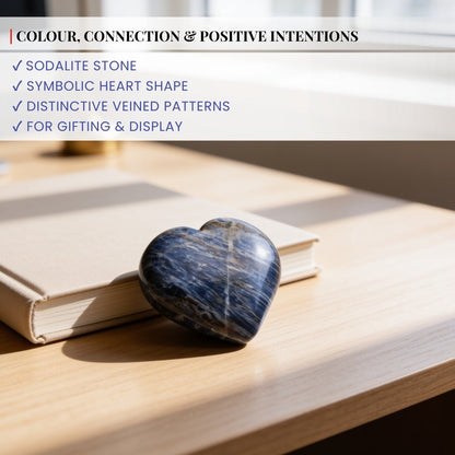 Scale measurement graphic indicating height, width, and thickness of Sodalite heart palm stone