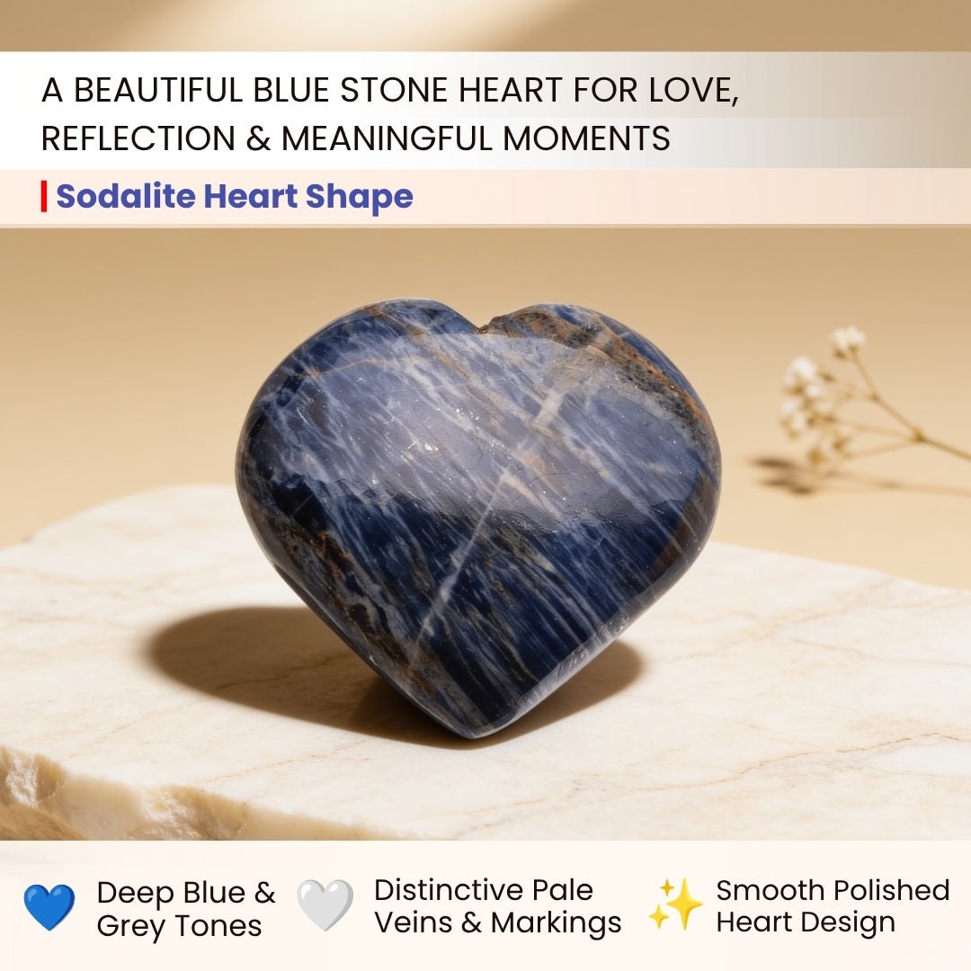Close-up of polished Sodalite heart showing deep denim-blue color, white calcite marbling, and fine mineral veining