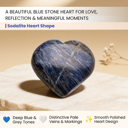 Close-up of polished Sodalite heart showing deep denim-blue color, white calcite marbling, and fine mineral veining