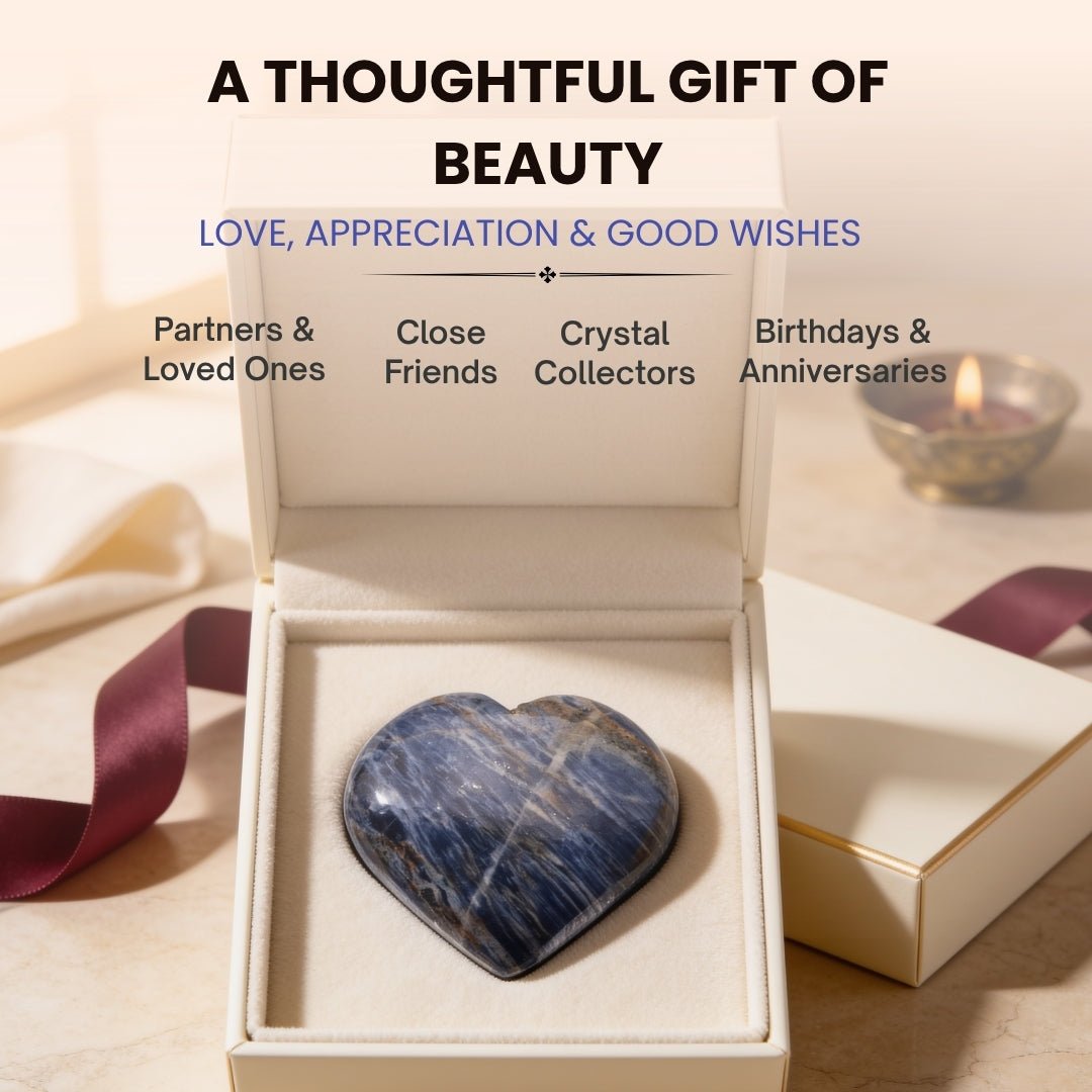 Rich blue tones and high-gloss reflective sheen of Sodalite crystal heart in daylight