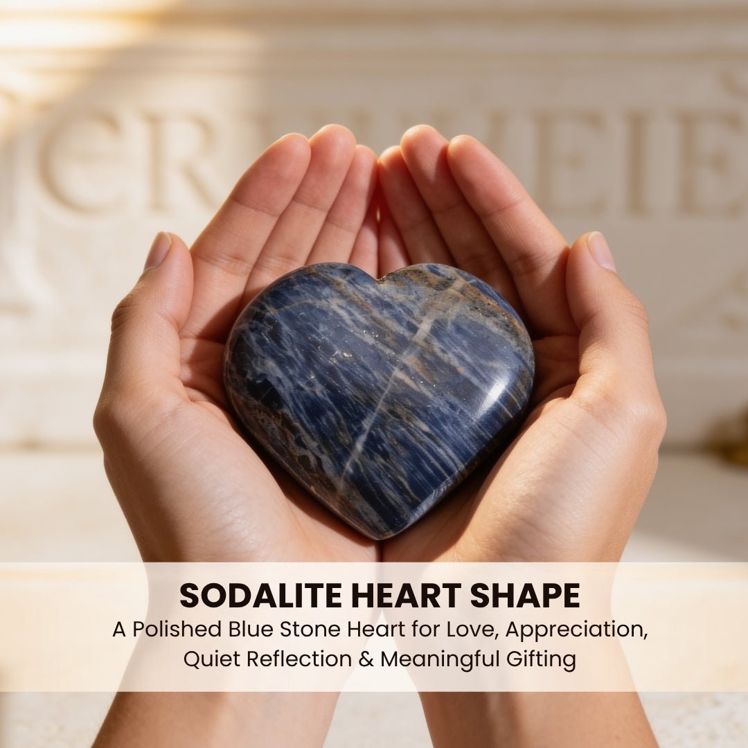 Polished blue Sodalite heart resting comfortably in open palm demonstrating pocket worry stone size