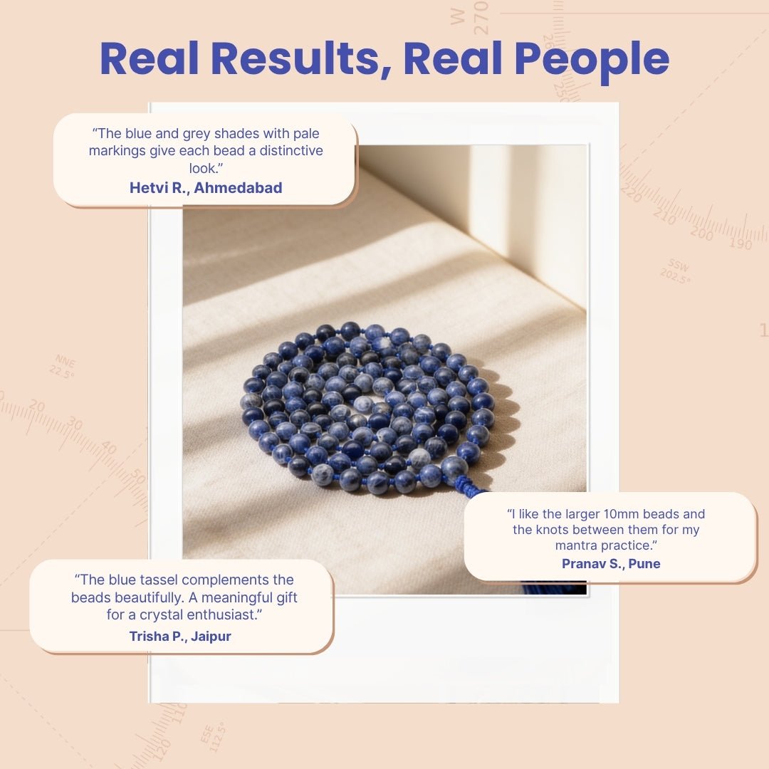Overhead spiral arrangement of 108 Sodalite 10 mm beads displayed beside a soft drawstring storage pouch