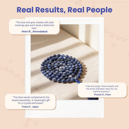 Overhead spiral arrangement of 108 Sodalite 10 mm beads displayed beside a soft drawstring storage pouch