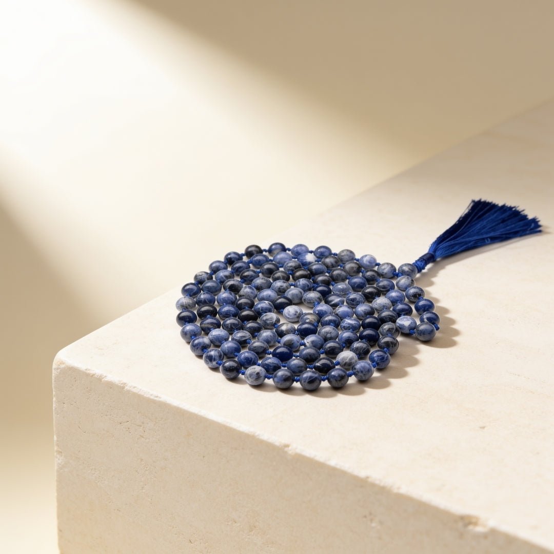 Natural Sodalite 10 mm substantial gemstone japa mala necklace with 108 beads and tassel