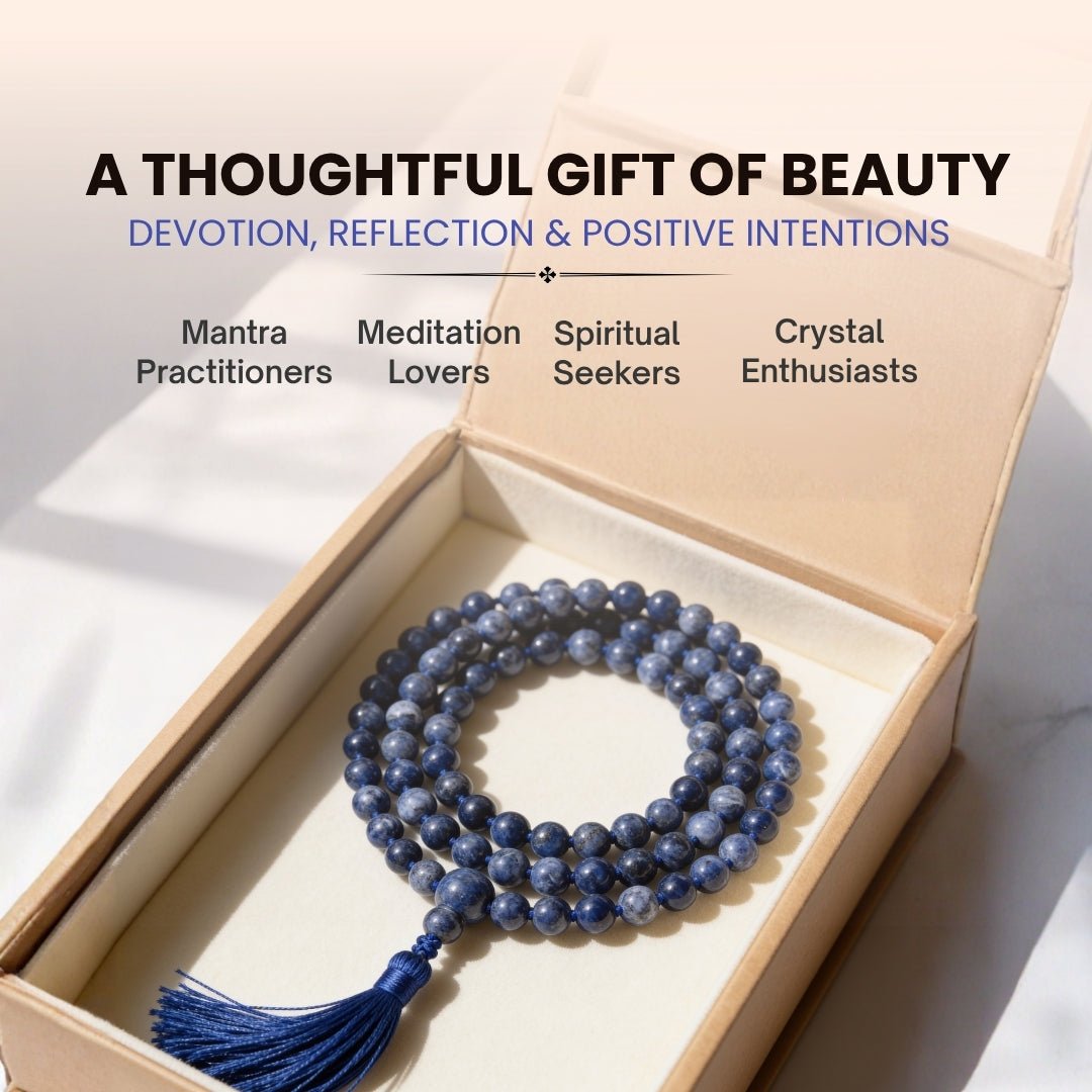 Large 10 mm Sodalite beads counted through fingers during Throat Chakra alignment, focus, and mantra recitation