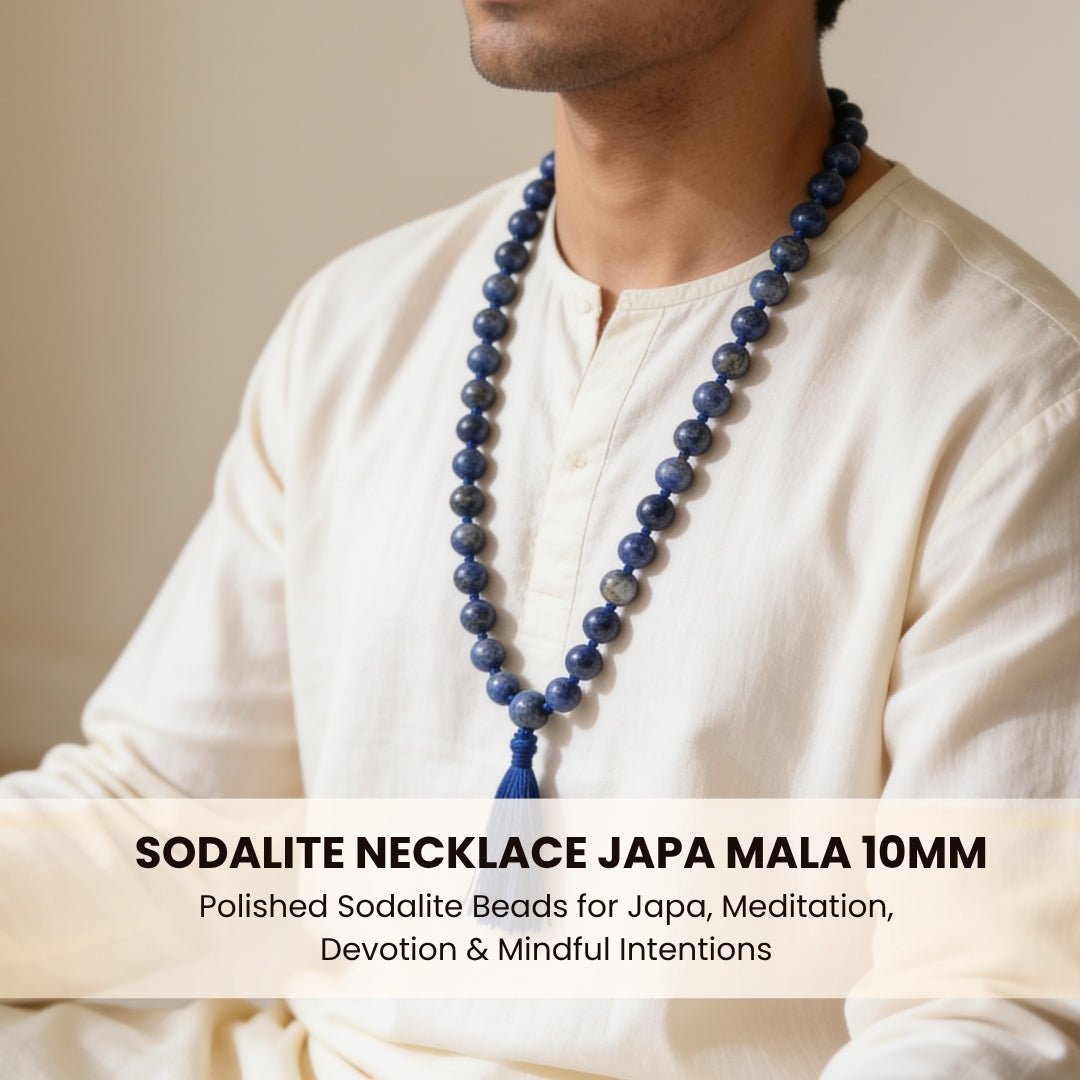 Substantial polished Sodalite guru bead finished with matching navy blue silky hanging tassel