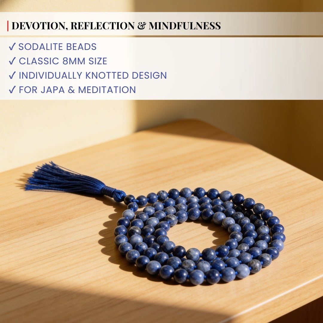 Traditional durable hand-knotted thread construction securing each 8 mm polished Sodalite bead